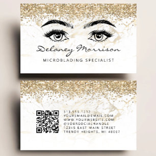 Carte De Visite Microblading Code QR Yeux Marbre Or Glamour