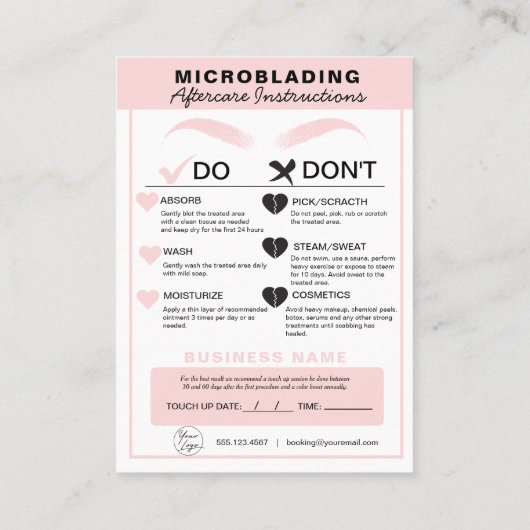 Carte De Visite Microblading Eyebrow Instructions de soins postéri (Dos)