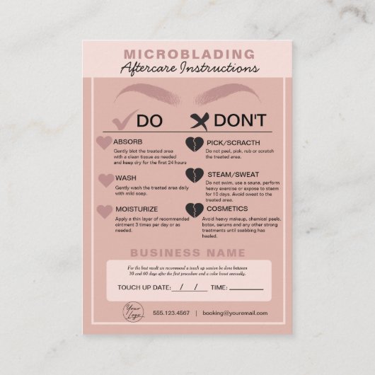Carte De Visite Microblading Eyebrow Instructions de soins postéri (Dos)