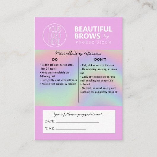 Carte De Visite Microblading Eyebrow Instructions pour les soins p (Devant)