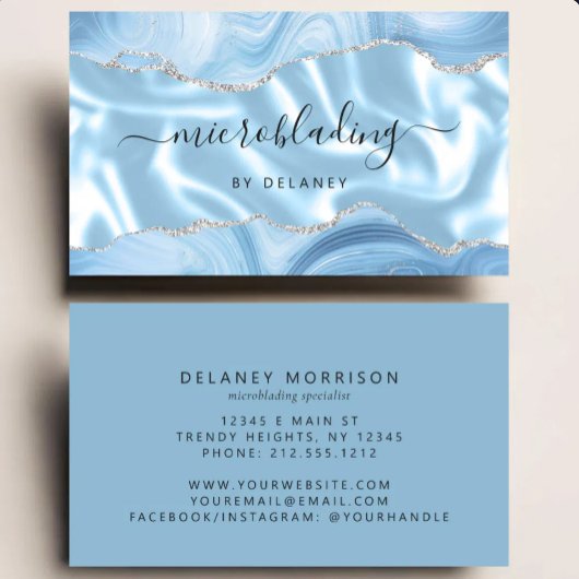 Carte De Visite Microblading Luxe Paillettes Argent Agate Bleue
