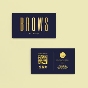 Carte De Visite Microblading Marine Et Or Brosse QR Code & Logo