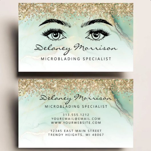 Carte De Visite Microblading Pailleté Vert Marbre Doré Glamour