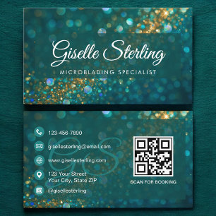 Carte De Visite Microblading Turquoise Gold Parties scintillant QR
