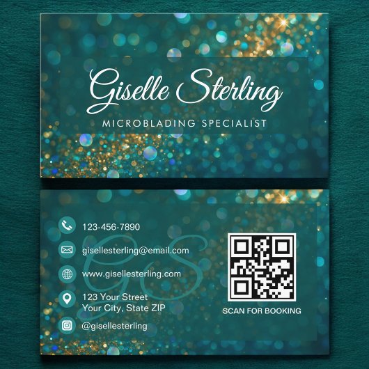 Carte De Visite Microblading Turquoise Gold Parties scintillant QR