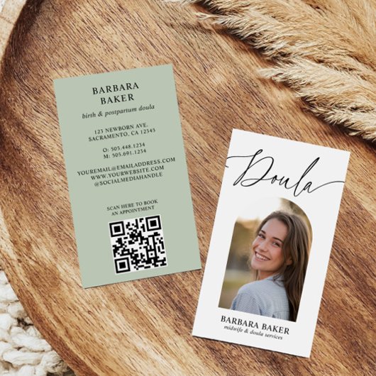 Carte De Visite Midwife Birth Postpartum Doula Photo QR CODE SAGE