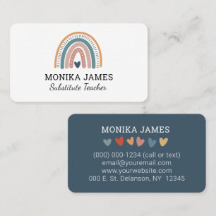 Carte De Visite Mignonne Enseignante Substitut Bleu Boho Arc-en-ci