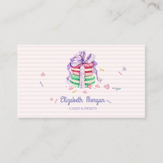 Carte De Visite Mignons Macarons Élégants, Friandises, Rayés (Devant)