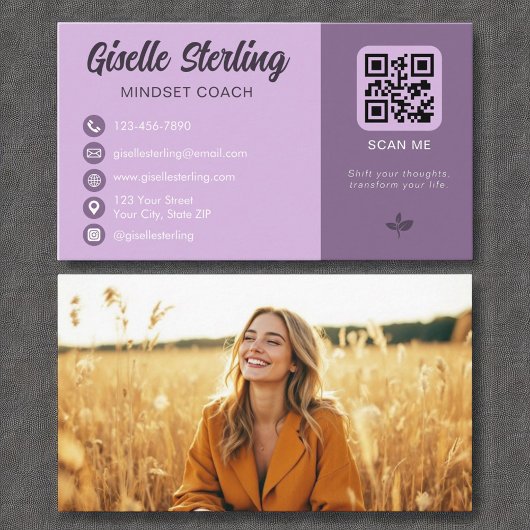 Carte De Visite Mindset Coach Lavender Purple QR Code Photo