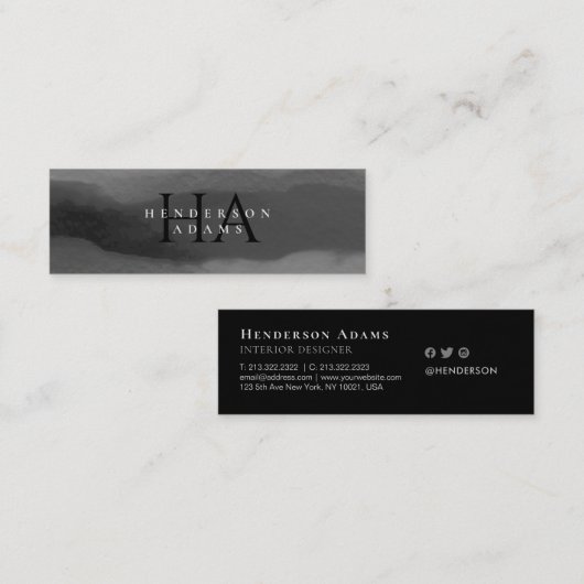 Carte De Visite Mini Aquarelle noire et blanche Monogramme Abstrait ond (Devant / Derrière)