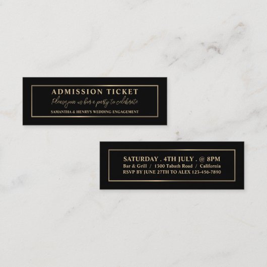 Carte De Visite Mini Billet d'entrée noir & or élégant (Devant / Derrière)