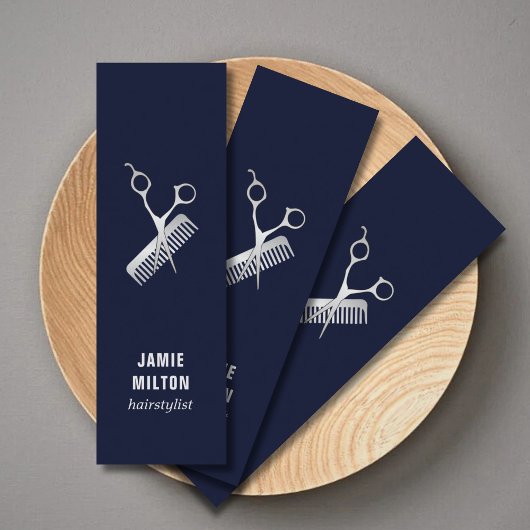 Carte De Visite Mini Bleu élégant moderne Faux peigne ciseau argent