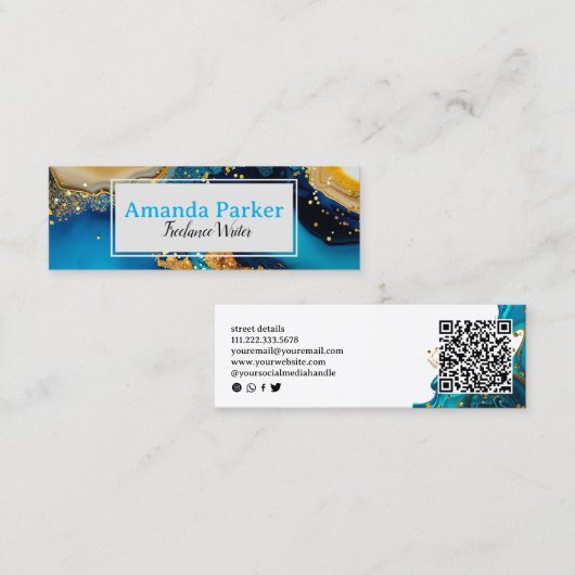 Carte De Visite Mini Blue Gold QR Code Social Media (Devant / Derrière)