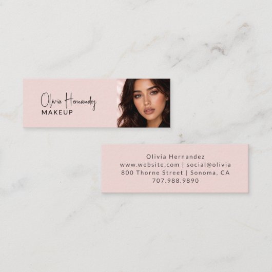Carte De Visite Mini Blush Pink Black Script Photo Makeup (Devant / Derrière)