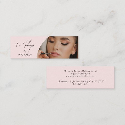 Carte De Visite Mini Blush Pink Black Script Photo Makeup (Devant / Derrière)