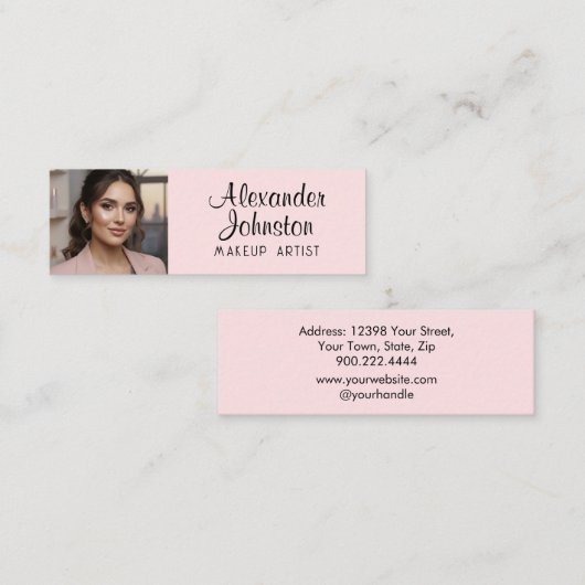 Carte De Visite Mini Blush Pink Black Script Photo Makeup Business Card (Devant / Derrière)