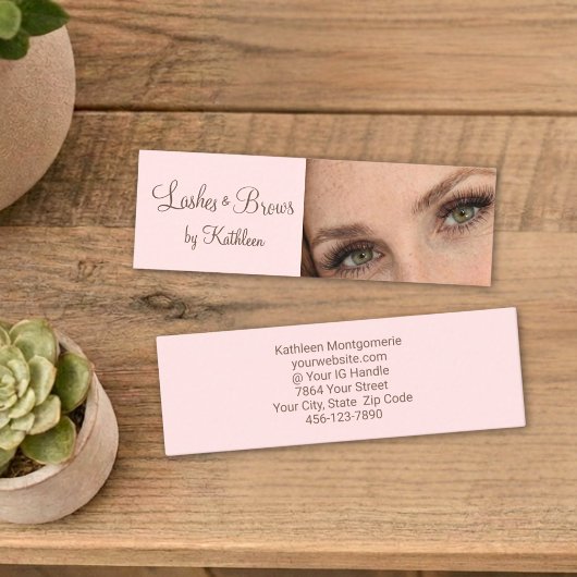 Carte De Visite Mini Blush Pink Mocha Script Photo Lashes and Brows