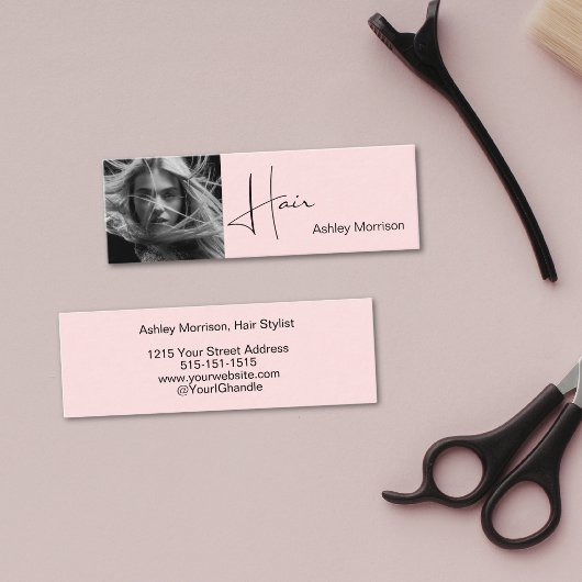 Carte De Visite Mini Blush Pink Photo Black Script Hair Sylist