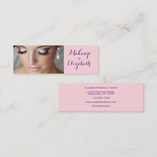 Carte De Visite Mini Blush Pink Purple Script Photo Makeup (Devant / Derrière)