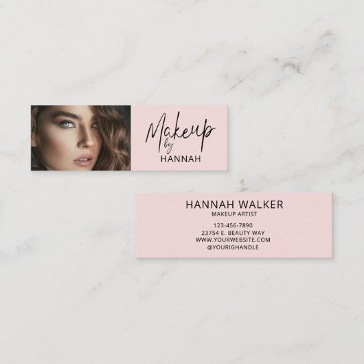 Carte De Visite Mini Blush Pink Script Photo Makeup (Devant / Derrière)