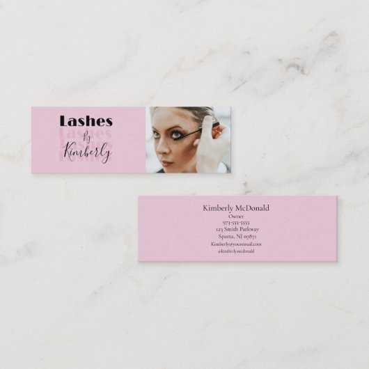Carte De Visite Mini Blush Rose Noir Script Photo Lash Studio (Devant / Derrière)