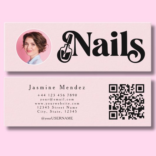 Carte De Visite Mini Blush Rose Photo Qr Technicien de l'Ongle