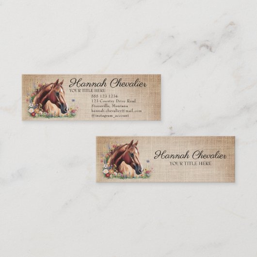 Carte De Visite Mini burlap rustique, cheval avec équestre fleur sauvag (Devant / Derrière)