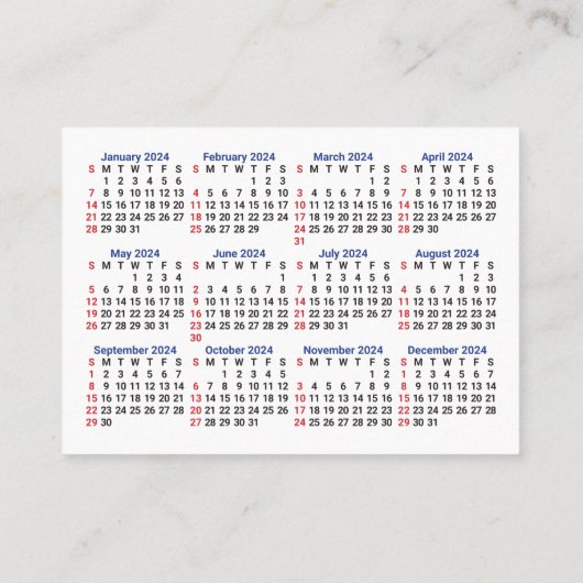 Carte De Visite Mini Calendrier 2024 DIMANCHE Début San Serif Poli (Dos)
