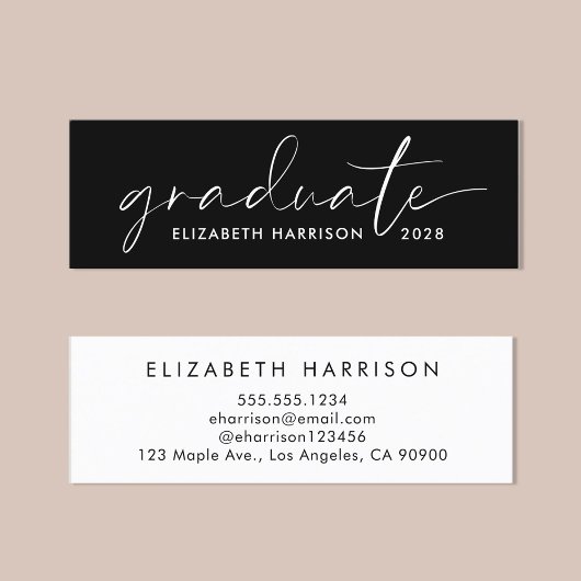Carte De Visite Mini Chic White Script Black Nom de la graduation