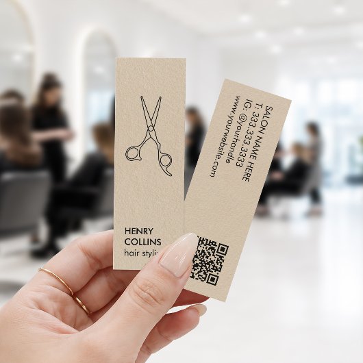 Carte De Visite Mini Ciseaux de coiffeur Code QR Papier Kraft Beige