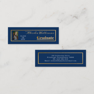 Carte De Visite Mini Classy Elegant Gold Text Graduate Photo Dk Blue