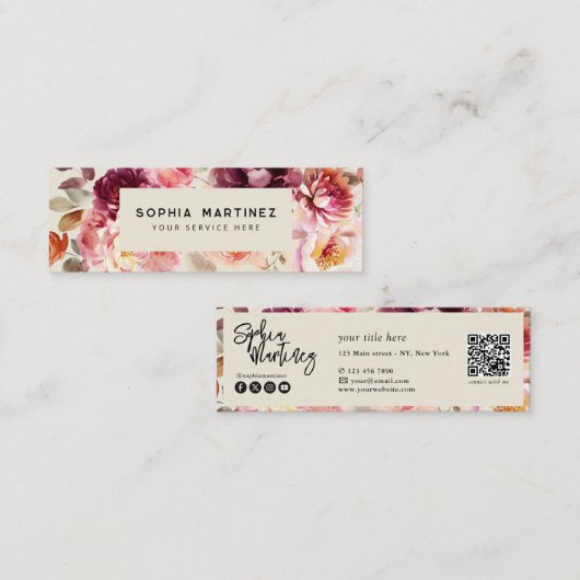Carte De Visite Mini Code QR Aquarelle Florale Bordeaux Automne (Devant / Derrière)