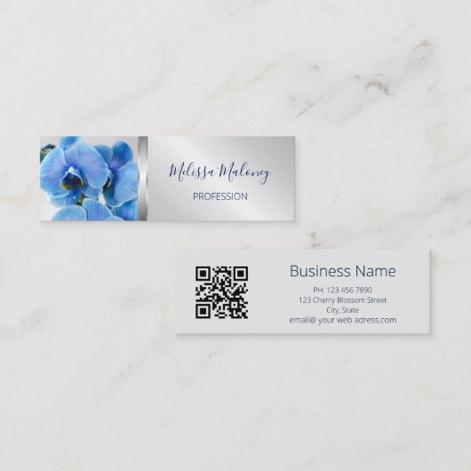 Carte De Visite Mini Code QR | Argent orchidée bleue (Devant / Derrière)