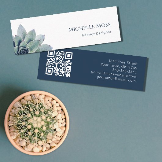 Carte De Visite Mini Code QR Botanical Greenery Marine Bleu Blanc