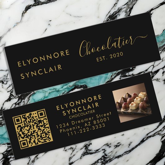 Carte De Visite Mini Code QR de Chocolatier Script Or Noir Premium
