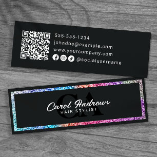 Carte De Visite Mini Code QR de coiffeur moderne arc-en-ciel pailleté e
