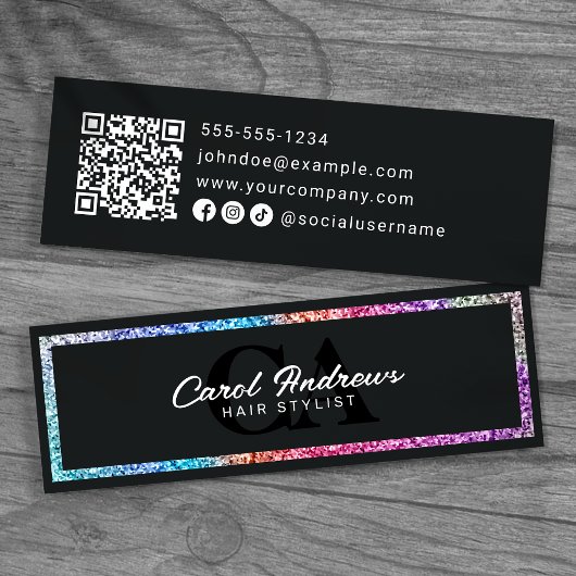 Carte De Visite Mini Code QR de Modern Rainbow Glitter & Black Coiffeur