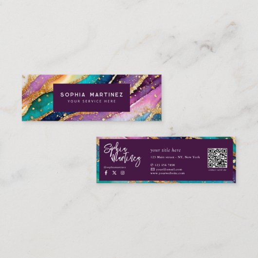 Carte De Visite Mini Code QR & Logo Élégant Agate arc-en-ciel paillette (Devant / Derrière)
