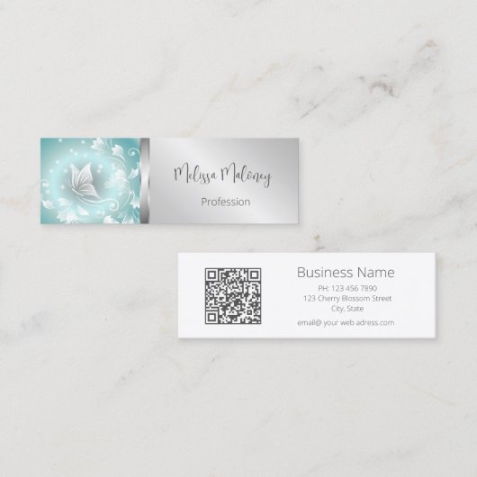 Carte De Visite Mini Code QR | Papillon vert Mint Argent (Devant / Derrière)