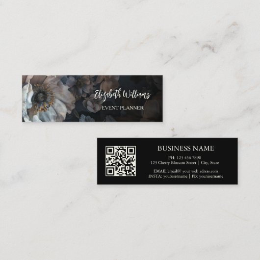 Carte De Visite Mini Code QR | Rose blanche Noir (Devant / Derrière)