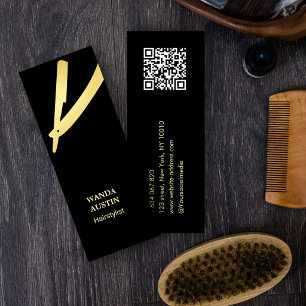 Carte De Visite Mini Coiffeur Élégant Chic Faux Rasoir Or Code Qr 