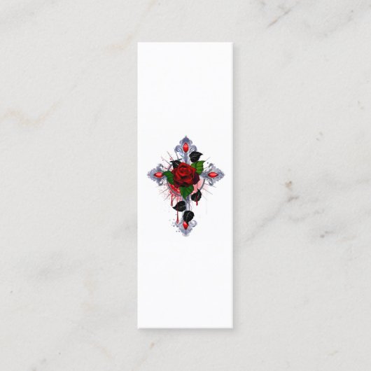 Carte De Visite Mini Croix d'argent avec une rose rouge (Devant)