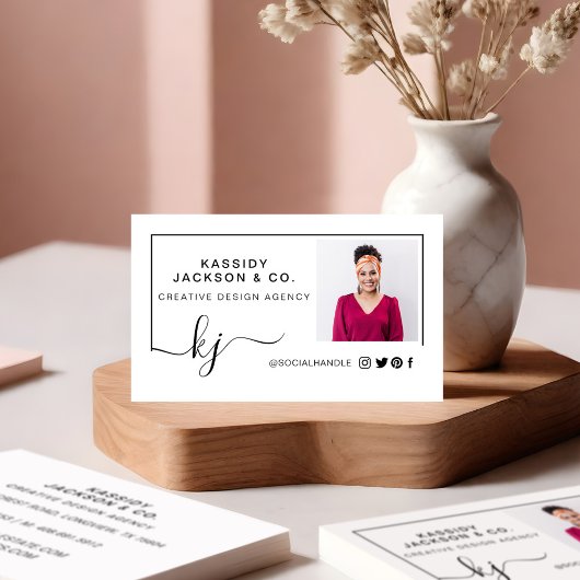 Carte De Visite Mini Design Script Monogramme Cadre photo Blanc