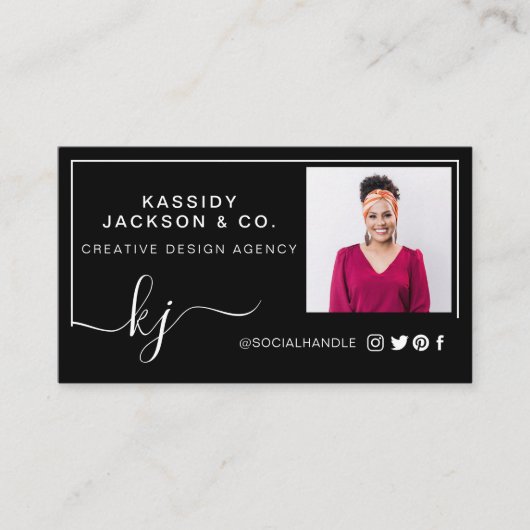 Carte De Visite Mini Design Script Monogramme Cadre photo noir (Devant)