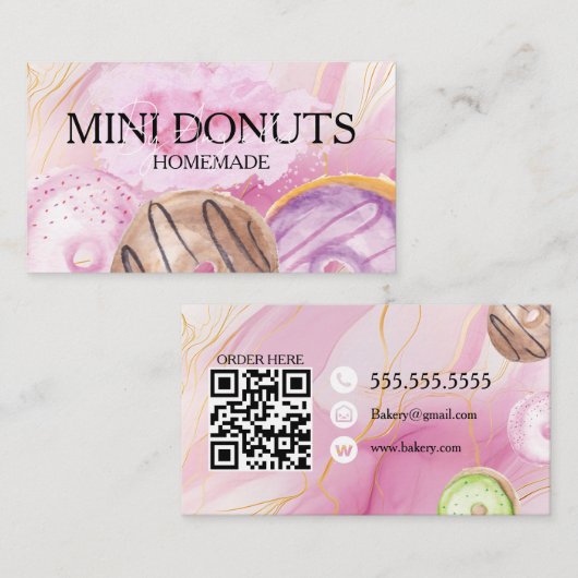 Carte De Visite Mini Donuts Baker Bakery Treats Watercolor (Devant / Derrière)