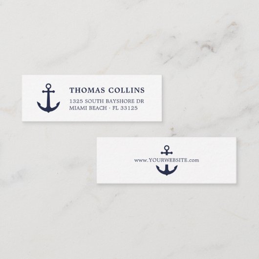 Carte De Visite Mini Elégant Ancre nautique bleu et blanc | (Devant / Derrière)