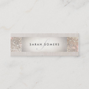 Carte De Visite Mini Élégant Beige rayé, FAUX Séquin Argent Monogramme