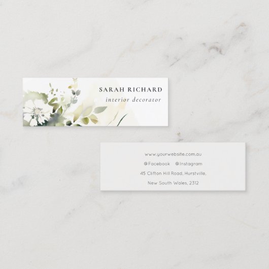 Carte De Visite Mini Élégant Boho moderne Abstrait vert blanc floral (Devant / Derrière)