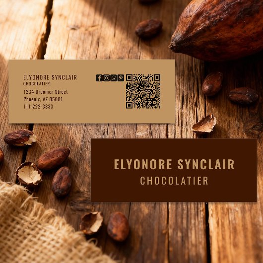 Carte De Visite Mini Elegant Brown Chocolatier Social Icon QR Code 