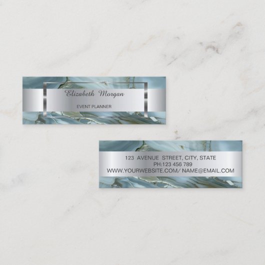 Carte De Visite Mini Elégant cadre à rayures argentées tendance, marbre (Devant / Derrière)